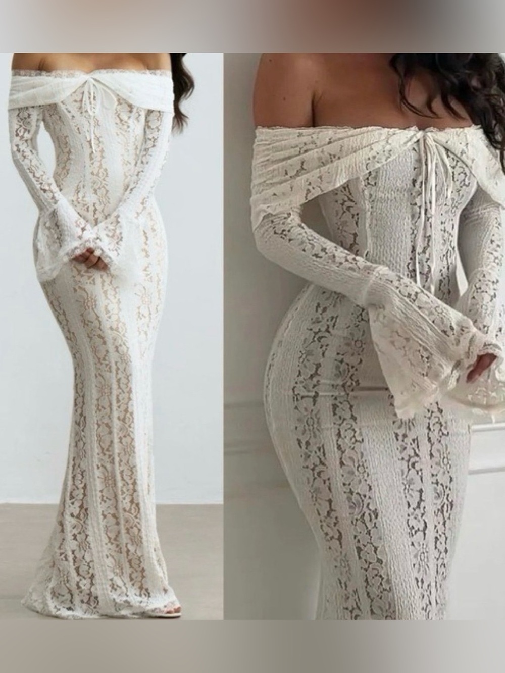 Off-Shoulder Ivory Lace Maxi Dress with Bell Sleeves